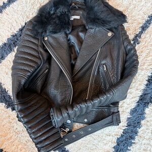 The Arrivals: Black Leather Moto Jacket with Faux Fur Collar